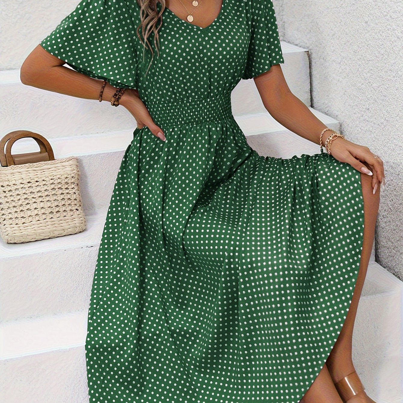 Maëva | Morgonrock midi chic à pois rosor