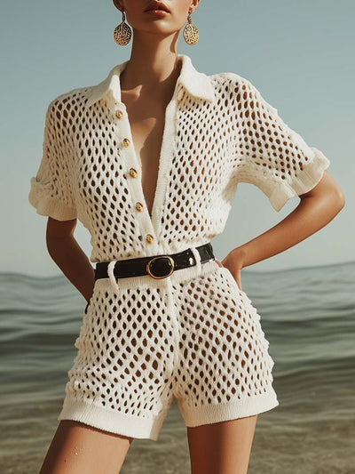 Annt™ - Andningsbar mode hålstickad vit shorts-jumpsuit