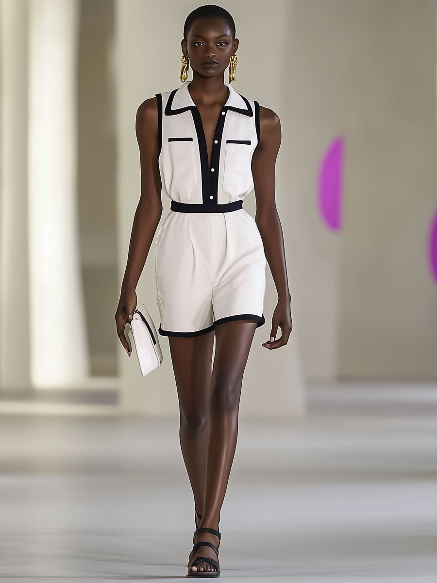 Annt™ Trendig Vit Väst-Jumpsuit – Praktiska Fickor & Stilfulla Kontraster!
