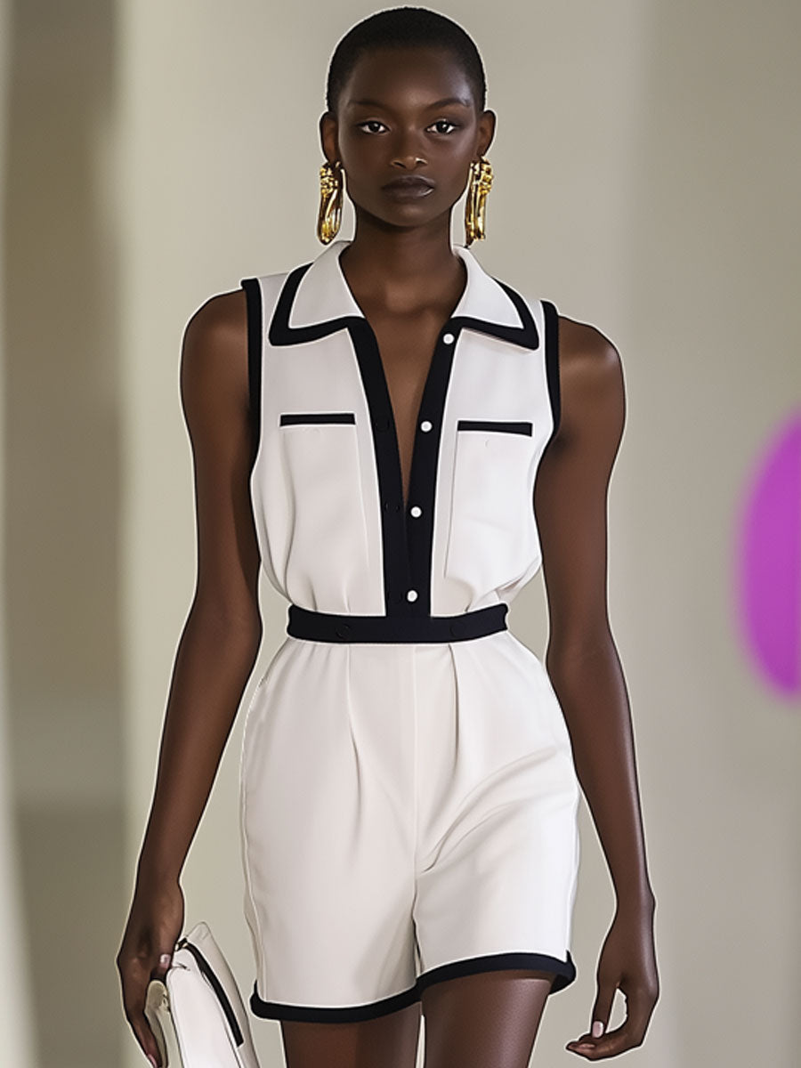 Annt™ Trendig Vit Väst-Jumpsuit – Praktiska Fickor & Stilfulla Kontraster!