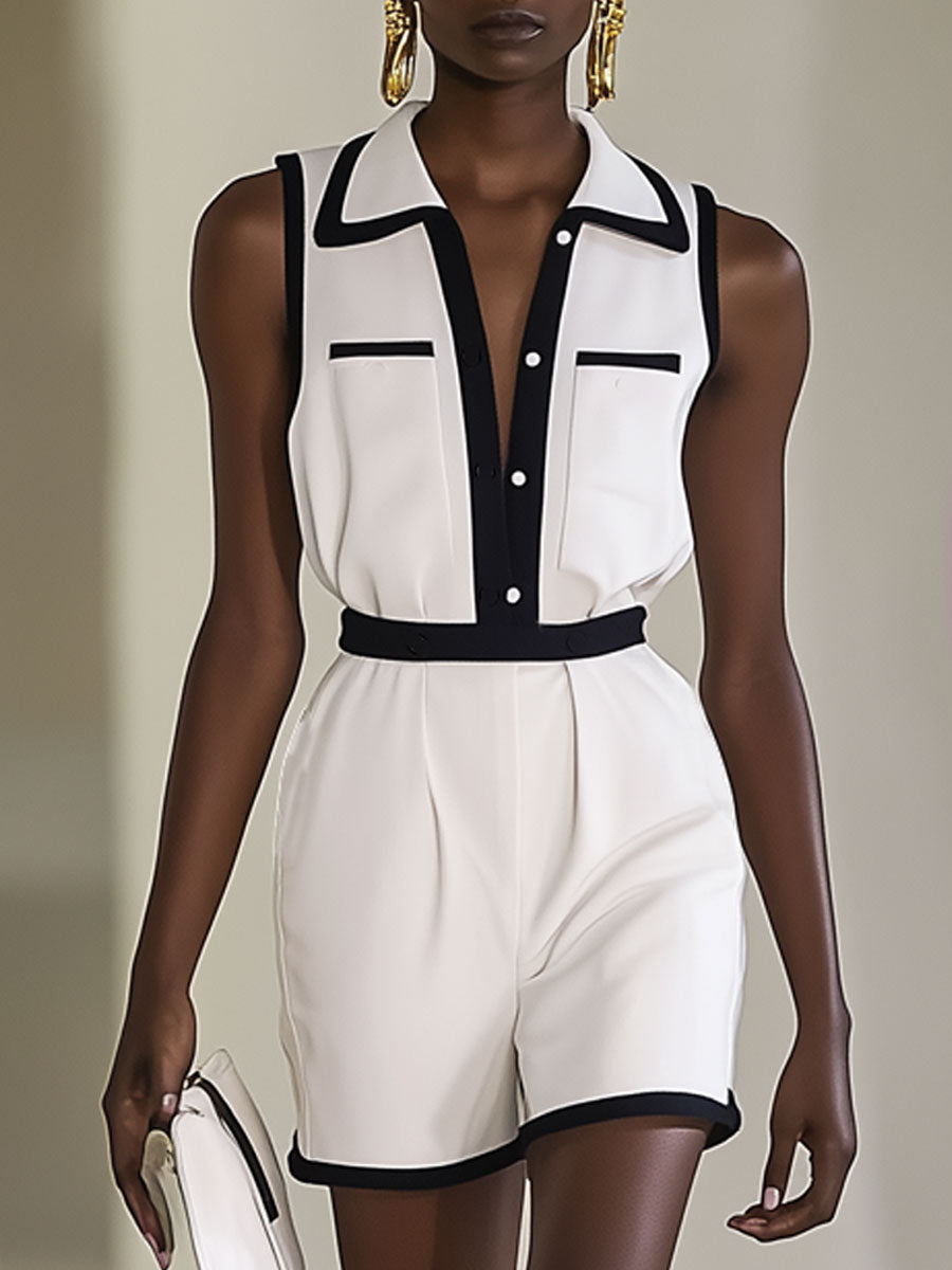 Annt™ Trendig Vit Väst-Jumpsuit – Praktiska Fickor & Stilfulla Kontraster!