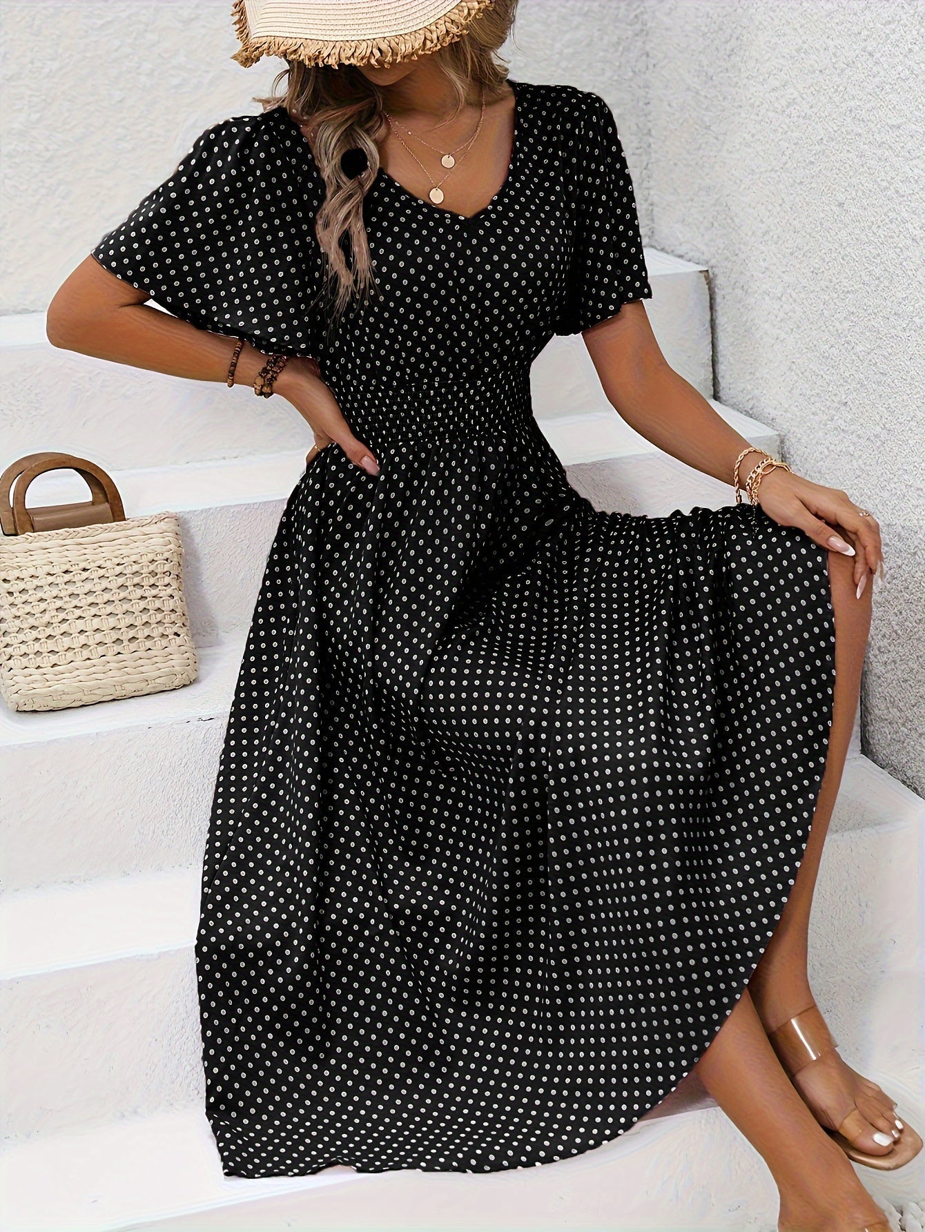Maëva | Morgonrock midi chic à pois rosor