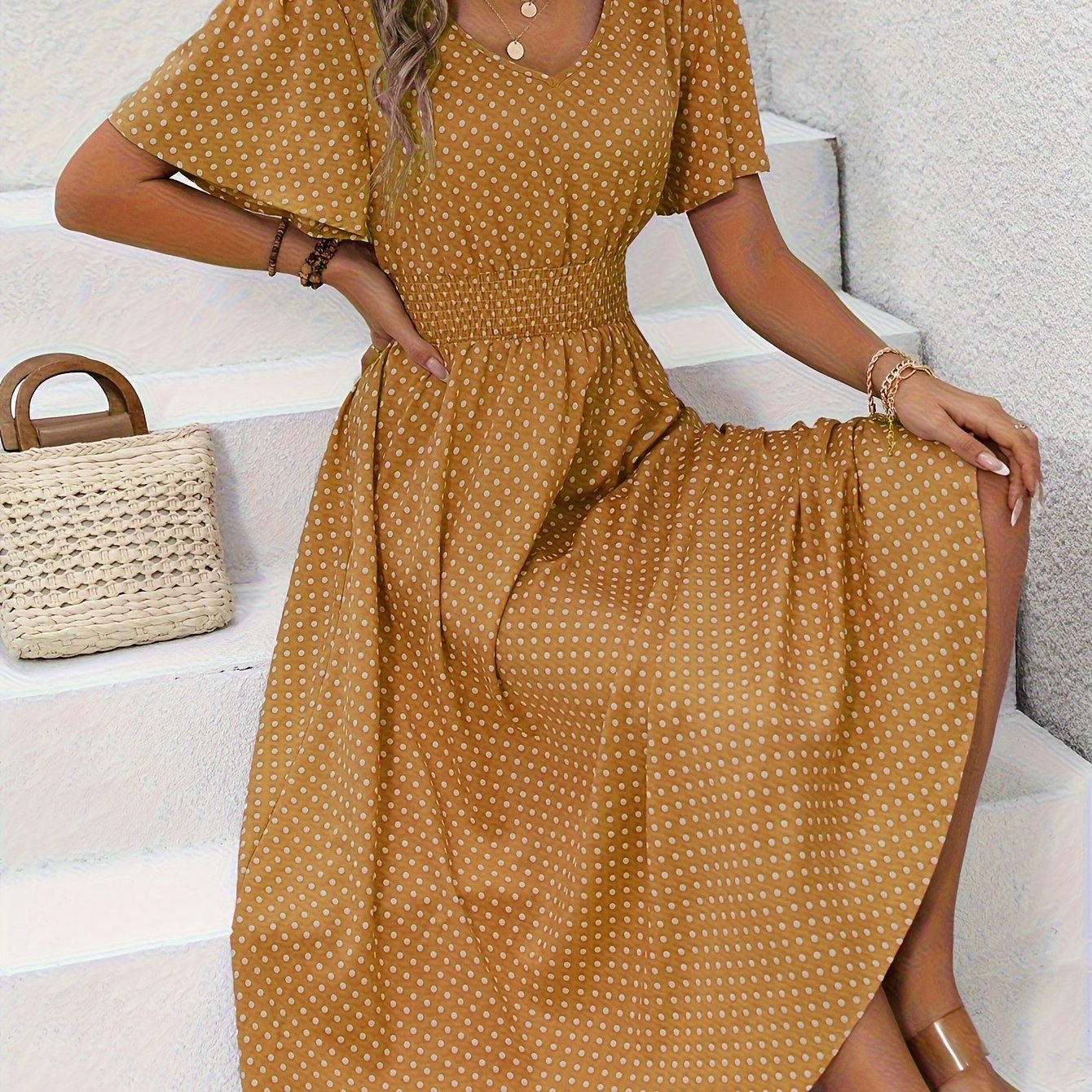 Maëva | Morgonrock midi chic à pois rosor