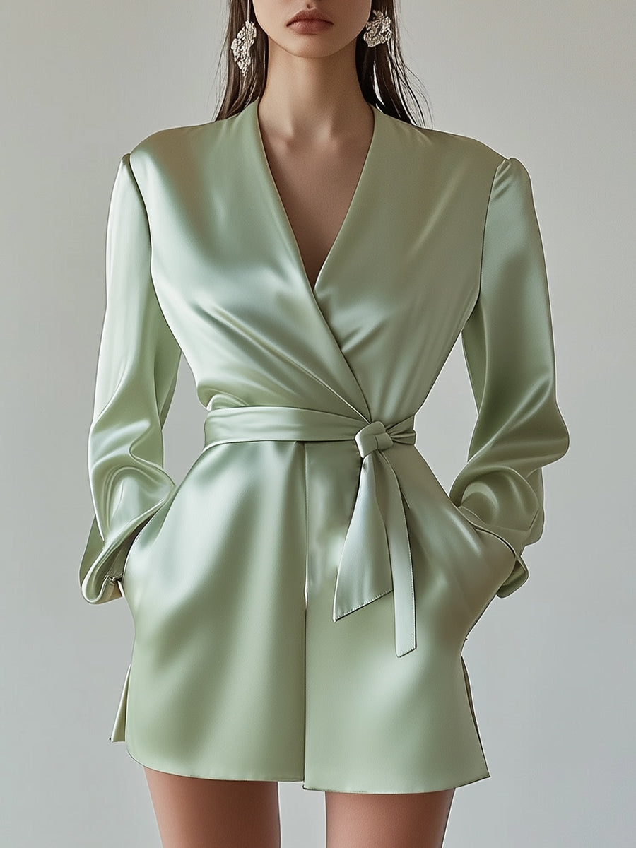 Annt™ Lyxig Grön Satinjumpsuit – Elegant V-ringning & Tidlös Glamour!