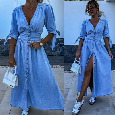Ivanka Lyxig Denimklänning – Tidlös Elegans i Modern Tappning!