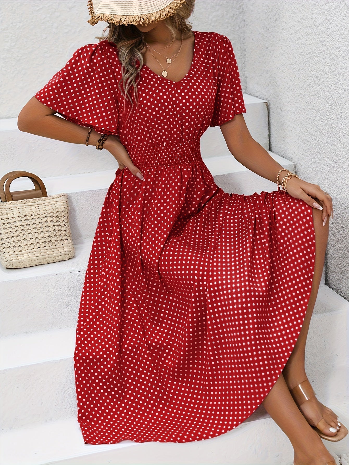 Maëva | Morgonrock midi chic à pois rosor