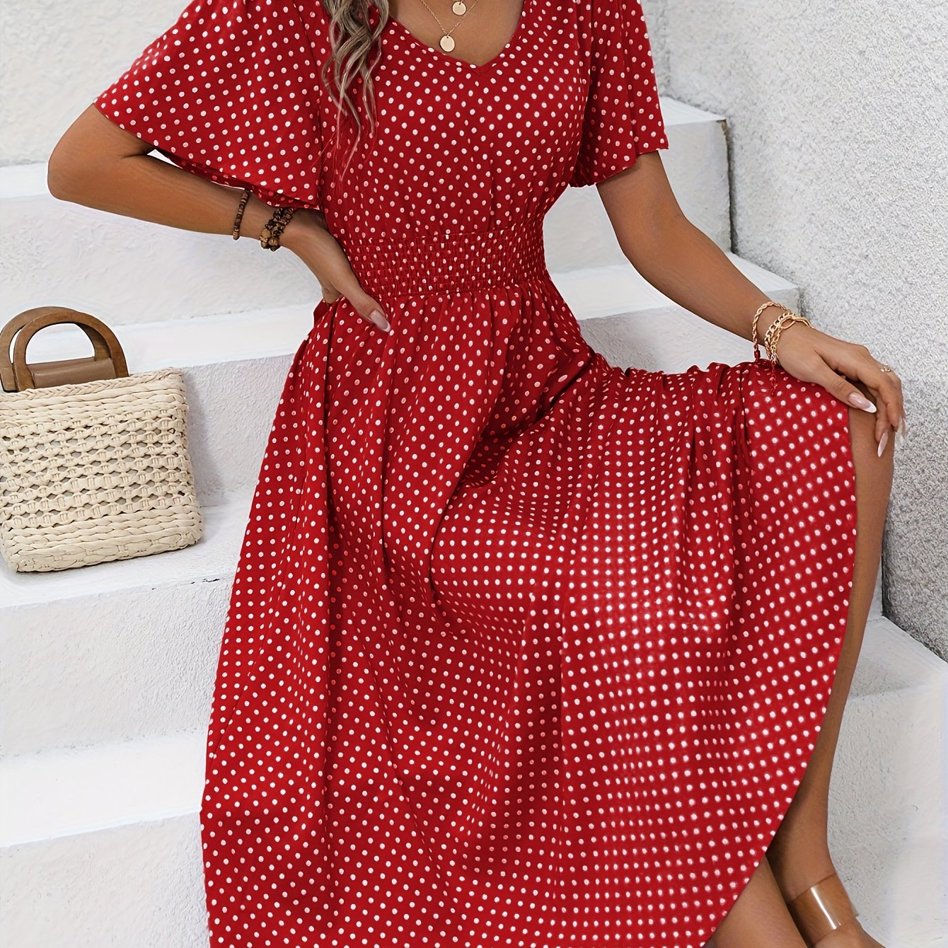 Maëva | Morgonrock midi chic à pois rosor